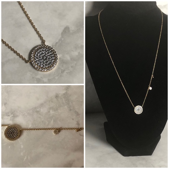 16 inch Delicate Gold-Tone Necklace, Circular Pendant with Small Sparkly Stones - Picture 2 of 13